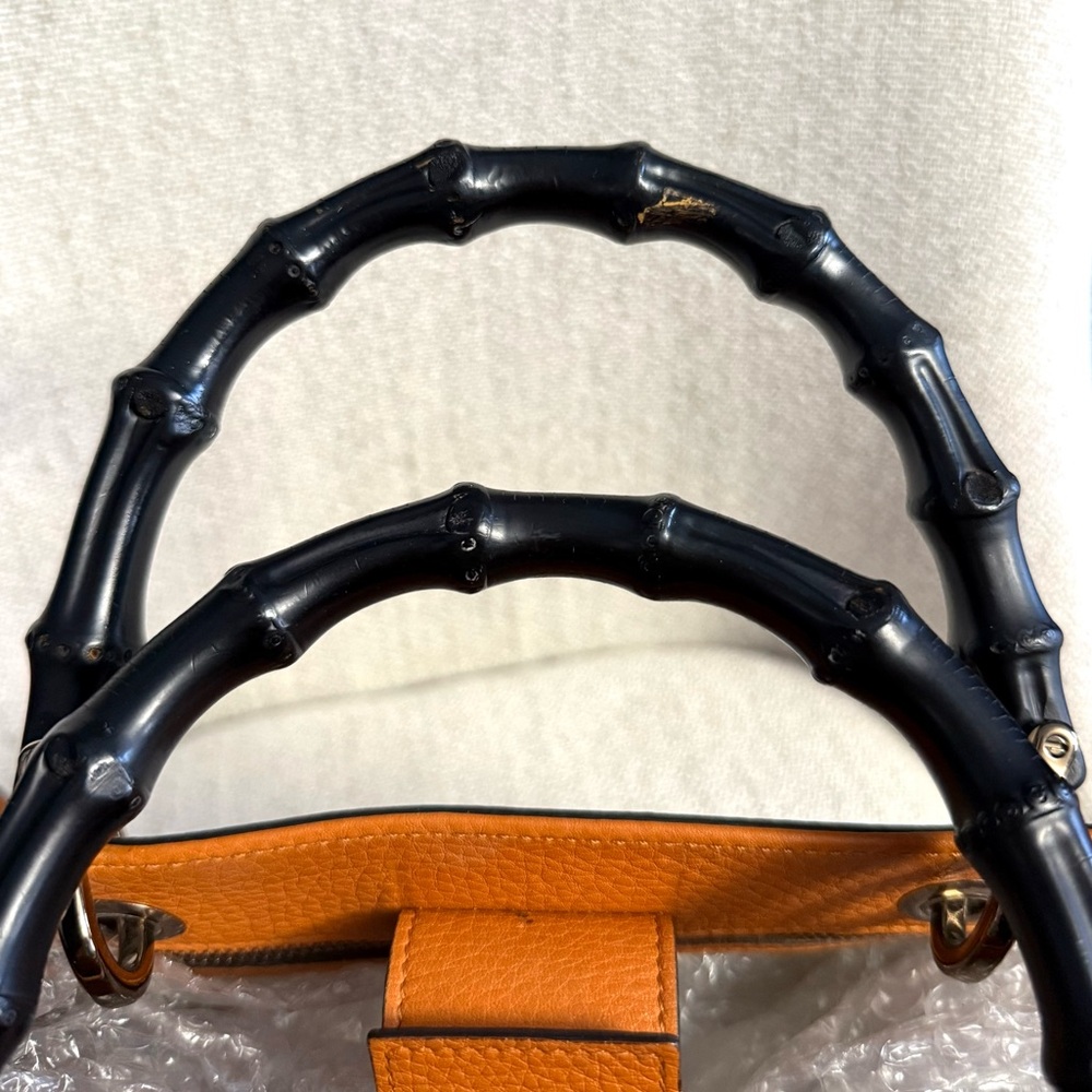 Gucci authentic satchel bag orange leather black bamboo handles with a strap - Picture 7 of 16